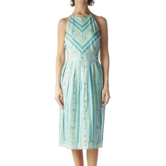 Ann Taylor Halter Midi Dress Sz 8 Petite Blue Green Paisley Floral Stripe Retro - Picture 1 of 13